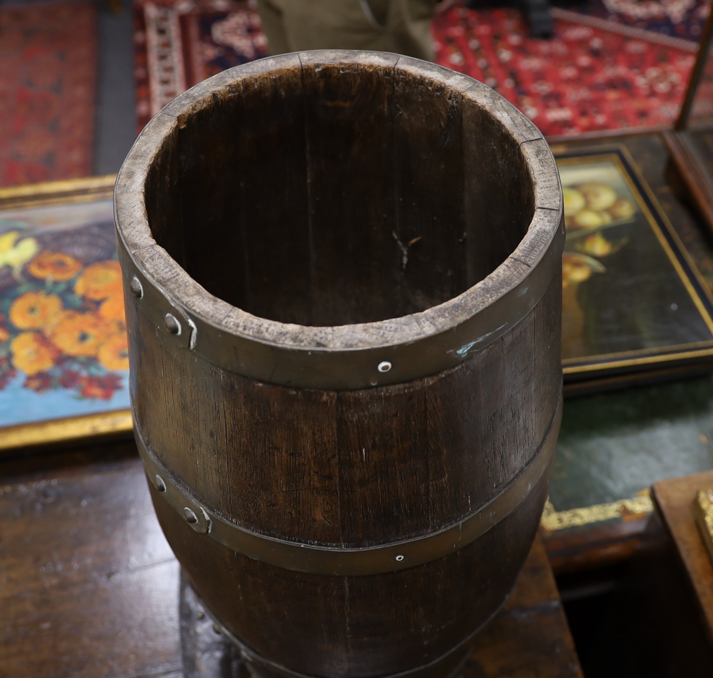 A brass bound staved oak stick stand, height 53cm